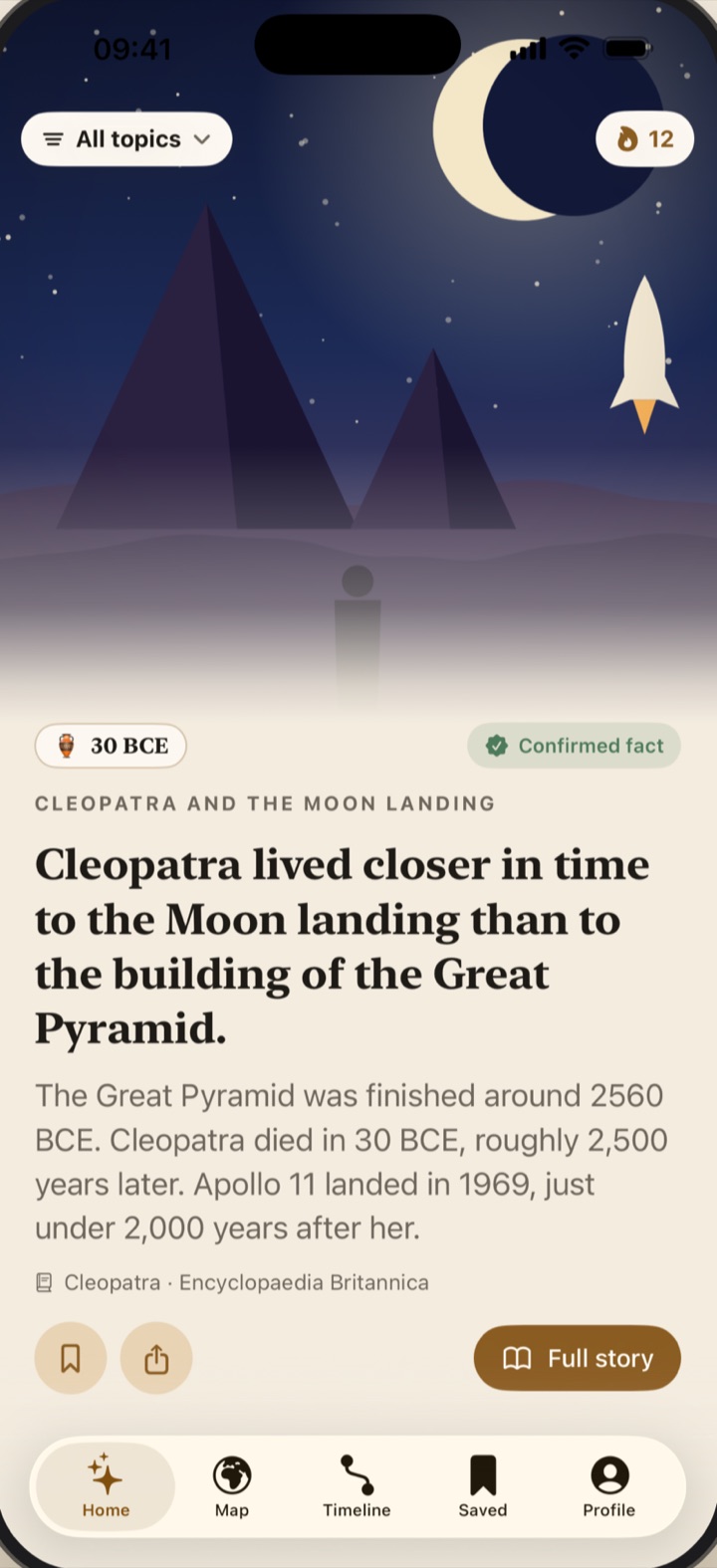 The Chronos home feed showing a card about Cleopatra and the Moon landing