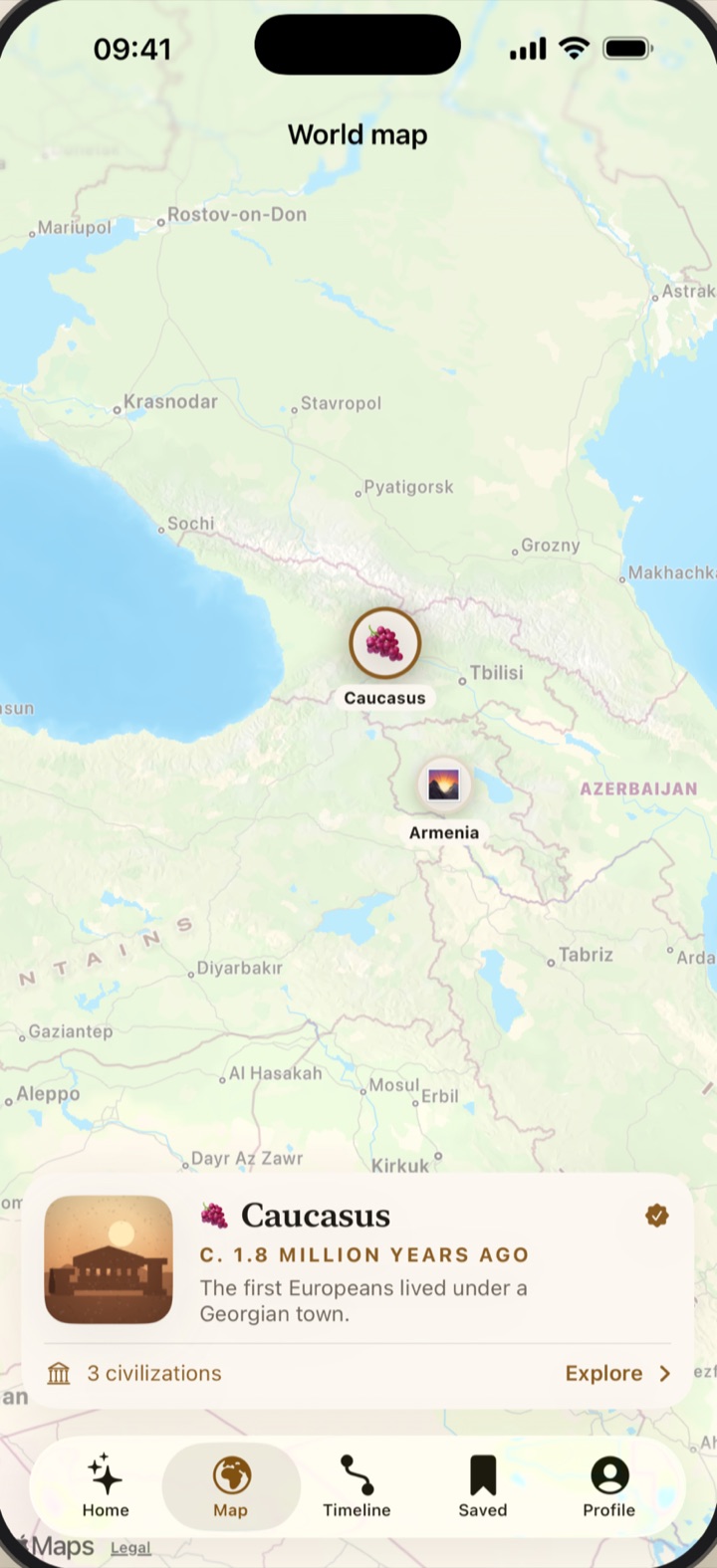 The world map centered on the Caucasus