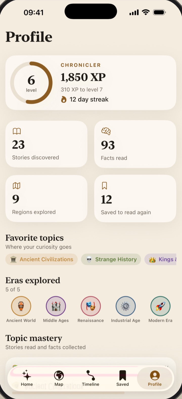The profile with level, XP and streak